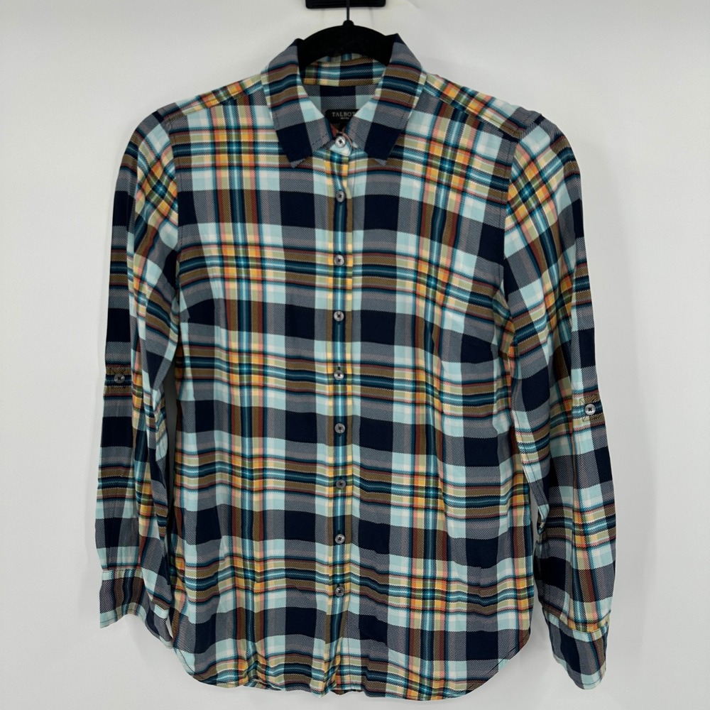 Talbots Petites Blue Yellow Plaid Roll Tab Sleeve Button Down Shirt Academia